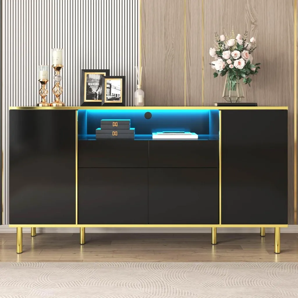Meuble de Rangement Noir Buffet Design avec LED - Armoire de Salon