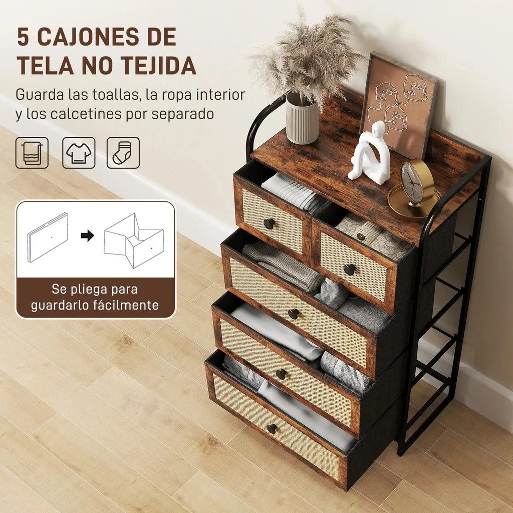 Rangement efficace salon commode en tissu compacte 5 tiroirs rustique - 4