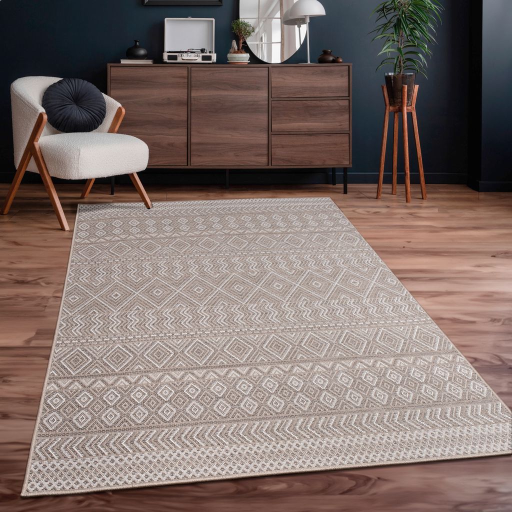 Outdoor Teppich Flachgewebe modern Boho Ethno wetterfest Außenbereich Grösse 200 cm Rund