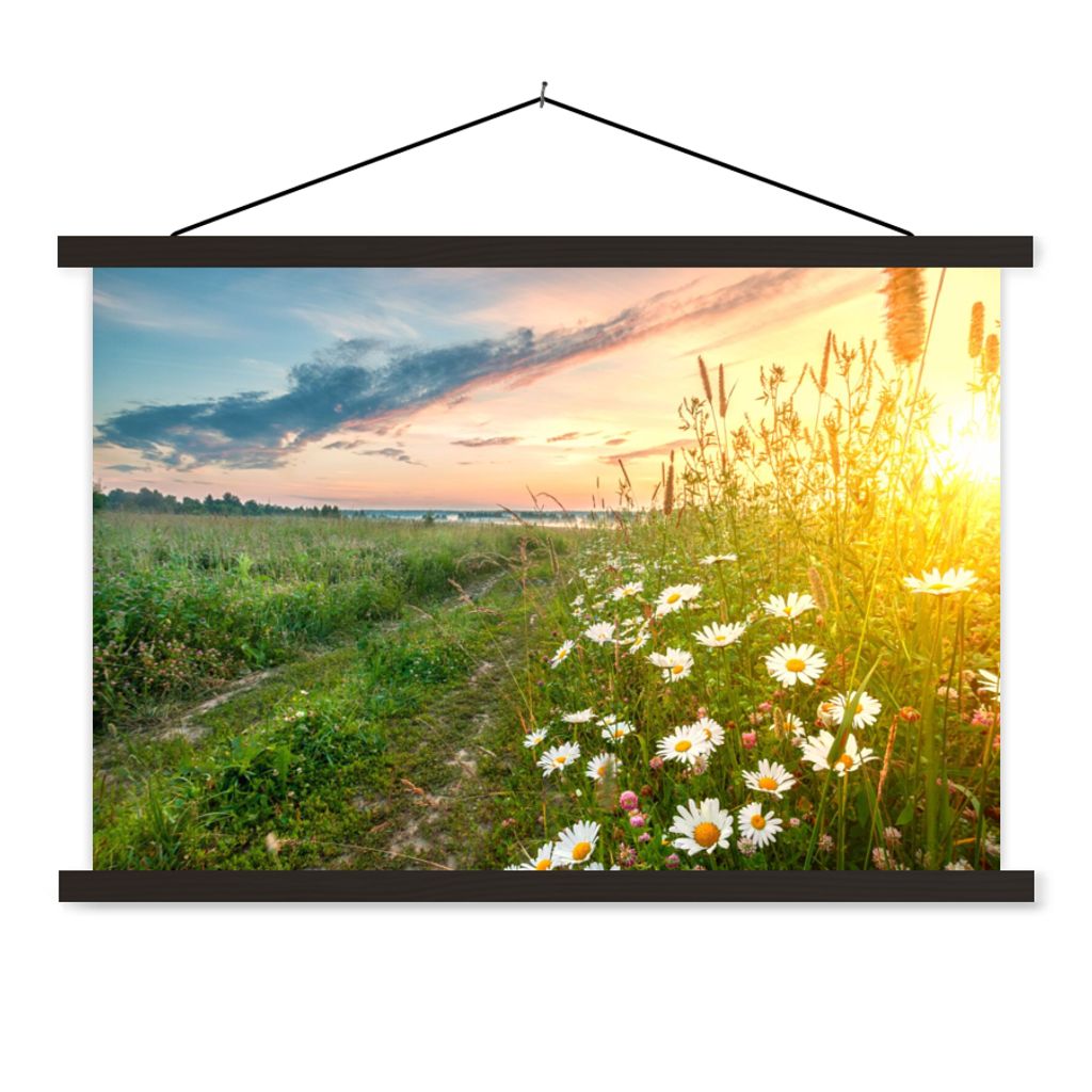 MuchoWow Textilposter Blumen - Gänseblümchen - Natur - Sonne - Horizont 90x60 cm mit schwarzem Rahmen - Aufhängungssatz