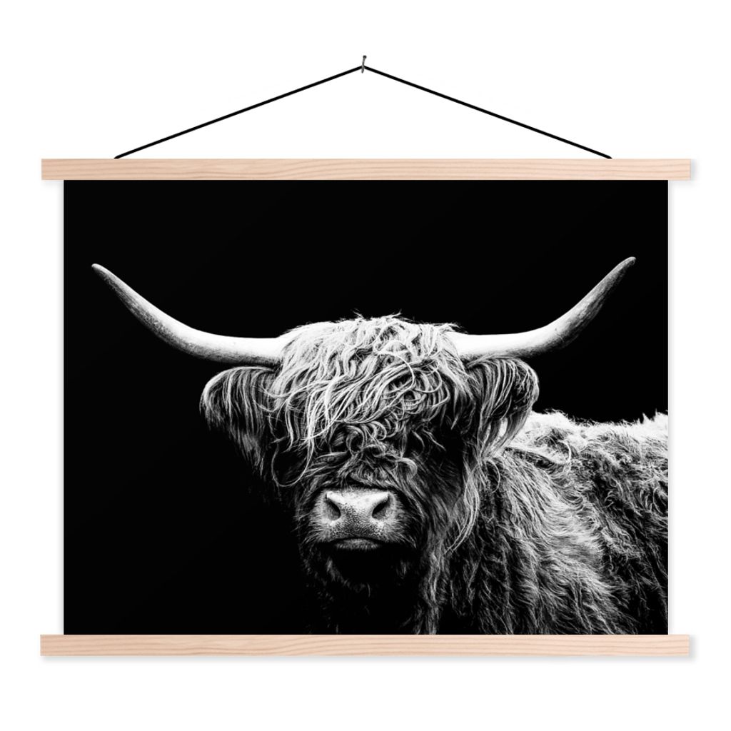 MuchoWow Textilposter Schottischer Highlander - Kuh - Schwarz - Weiß - Tiere 120x90 cm mit holzfarbenen Rahmen - Magnetisch