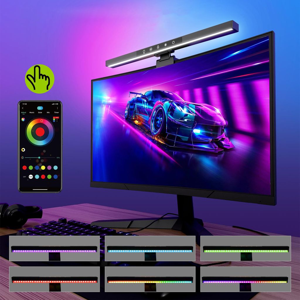 RGB Monitor Lampe USB Touch APP-Steuerung Bluetooth,Schreibtischlampe Klemmbar Dimmbar,10W TV LED Hintergrundbeleuchtung Timer, Monitor Light Bar G...