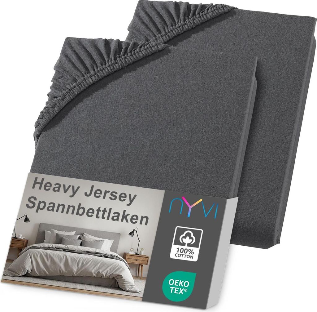 NYVI Spannbettlaken DreamScience Heavy Jersey 120x200 - 130x200 cm anthrazit 2er Set für Matratzen bis 22 cm Höhe - Spannbetttuch, Formstabil, 16...