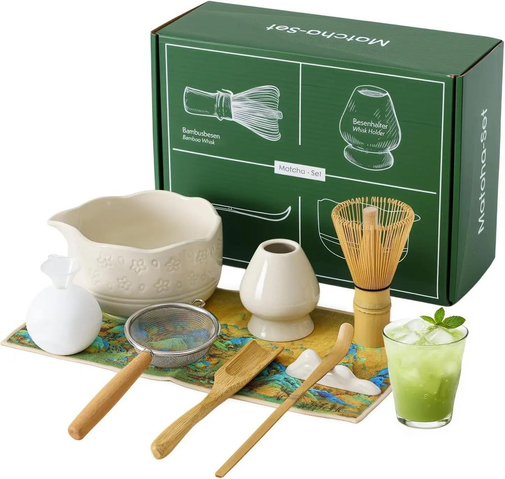 Japanisches Matcha Tee Set - 9-teiliges Zeremonie Set - Bambusbesen, Löffel, Schale, Besenhalter - Keramik - weiß