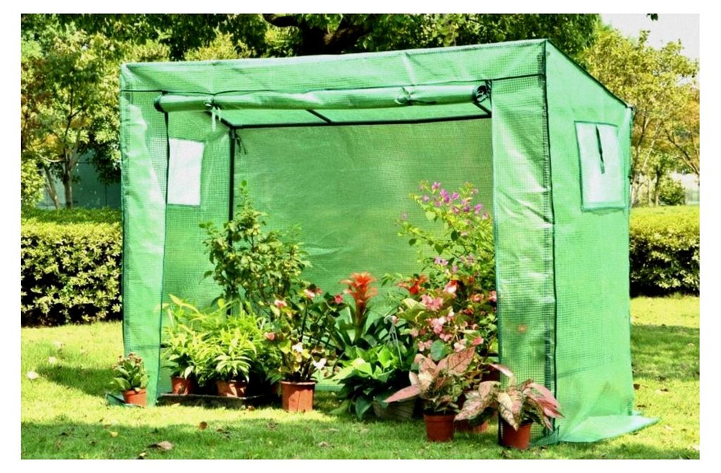 Robustes Tomatengewächshaus, Foliengewächshaus mit 2 Fenstern und aufrollbarer Tür, Tomatendach 200 x 77 x 169 cm aus grüner Gewächshausfolie