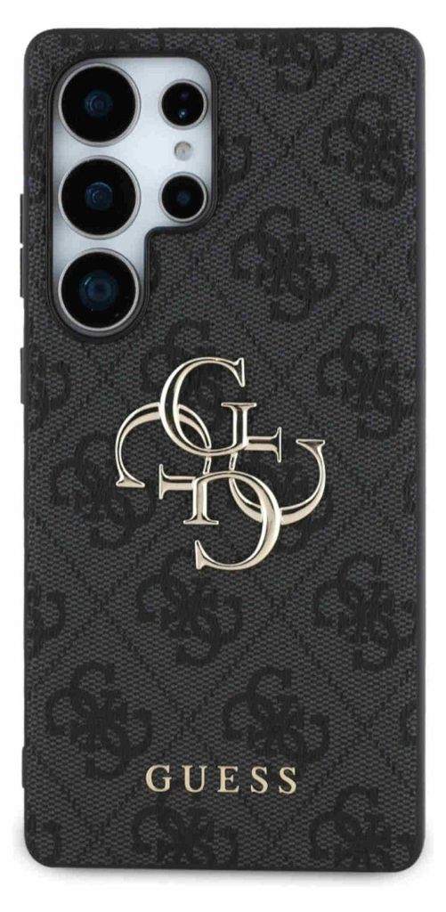 A black phone case with a repeating GUESS logo pattern and a large metallic GUESS logo in the center.