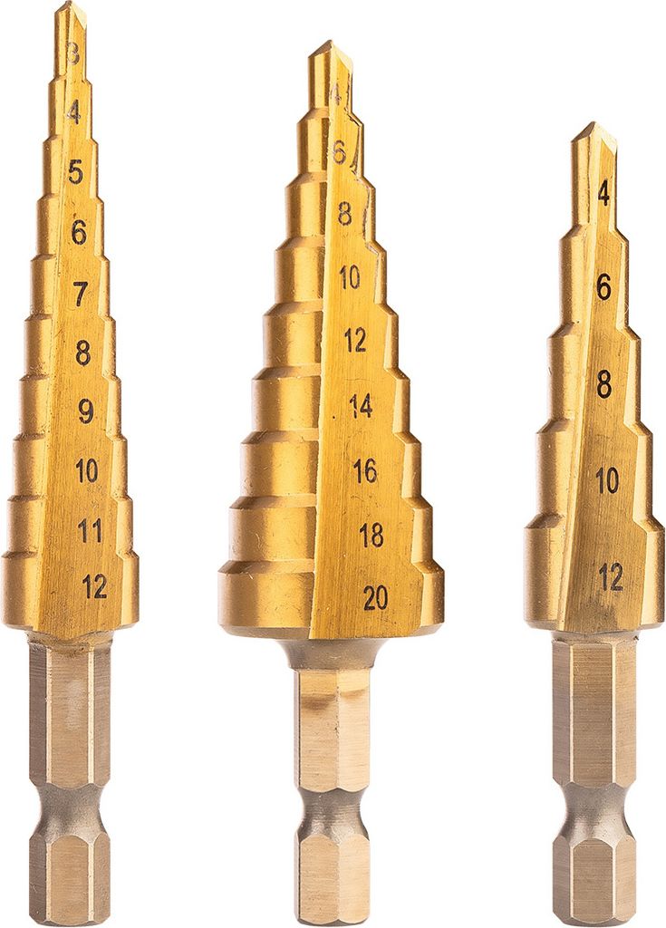NEO TOOLS HSS Stufenbohrer, 3-tlg Stufenbohrer Set, Schälbohrer Satz, Exact Spiralnut Kegelbohrer, 3-12 mm, 4-12 mm, 4-20 mm