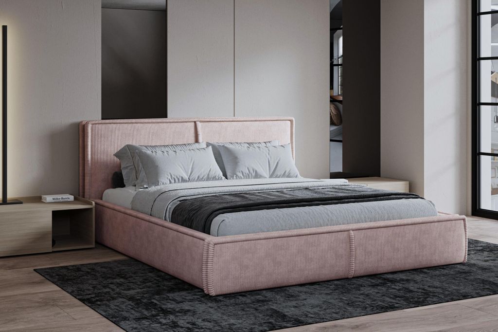 MOEBLO Polsterbett Bett 04 – Doppelbett mit Cord Bezug, Kopfstütze, gepolstertes Kopfteil, Rahmenbettgestell, Bettkasten und Lattenrost - 140x20...