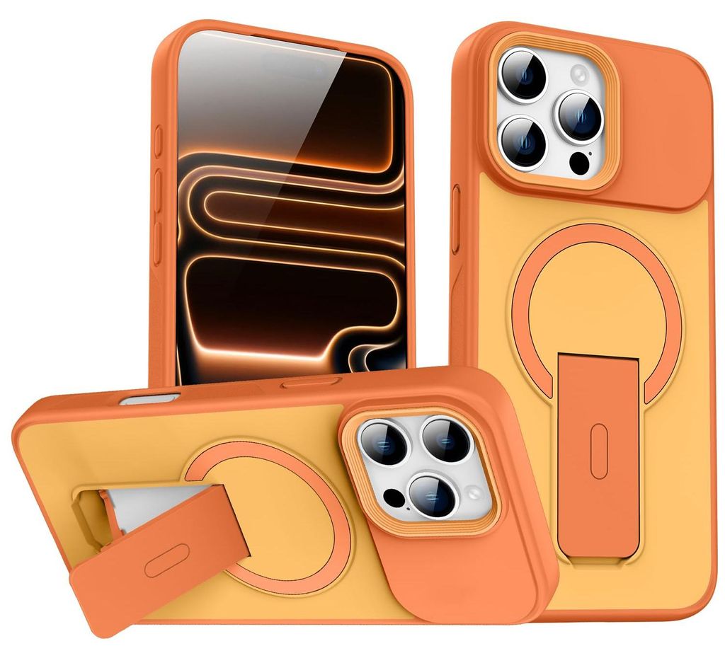 Magnet Ständer Hülle für iPhone 15 Pro Max, Kompatibel mit MagSafe, Matt Rückseite Stoßfeste Handyhülle Orange