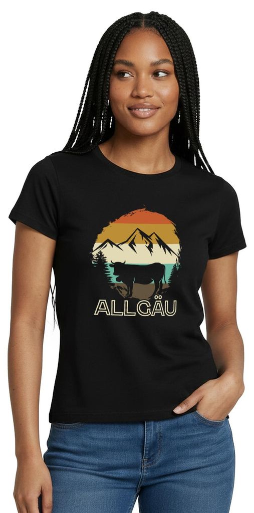 Spreadshirt Allgäu Vintage Berge Und Kuh Retro Frauen T-Shirt, S, Schwarz