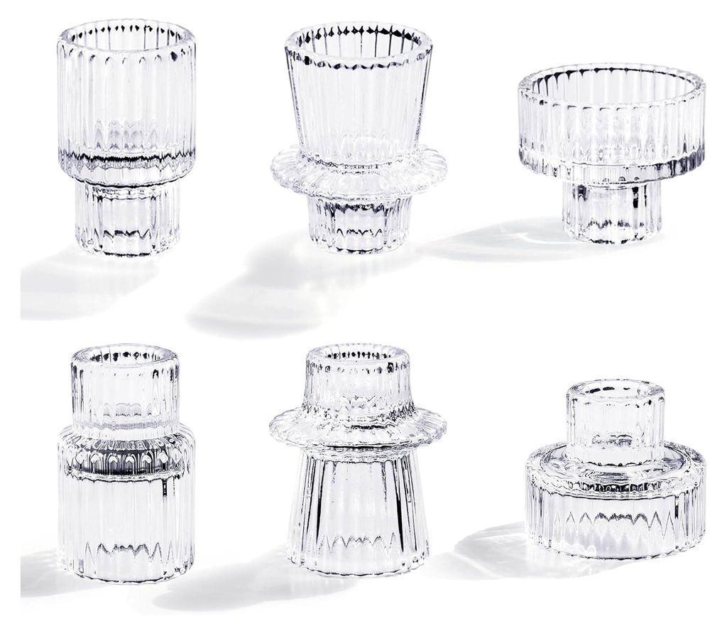 Teelichthalter aus Glas, 6er Set für Stabkerzen und Teelichter, Kristall-Kerzenständer aus Klarglas für Tischdekoration, Teelichtgläser für Ho...