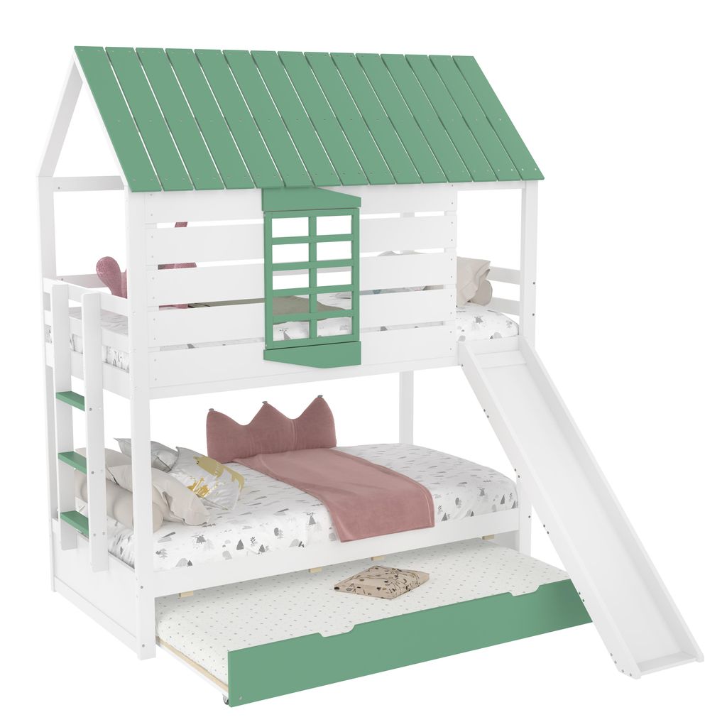 90 x 200 Haus-Etagenbett mit Rutsche und Ausziehbett, Weiß+Grün