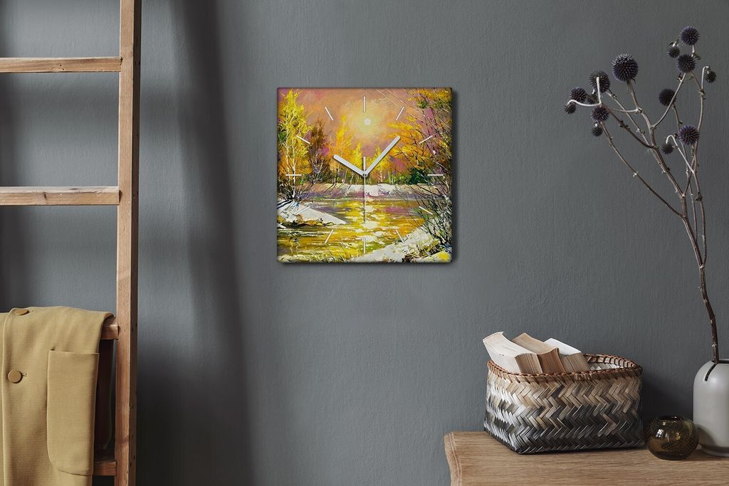 Coloray Hodiny Unikátní 30x30 cm Tiché hodiny Pro obývací pokoj a kuchyň Nástěnné hodiny Plátno Bílé ručičky hodin - Lesní zimní voda