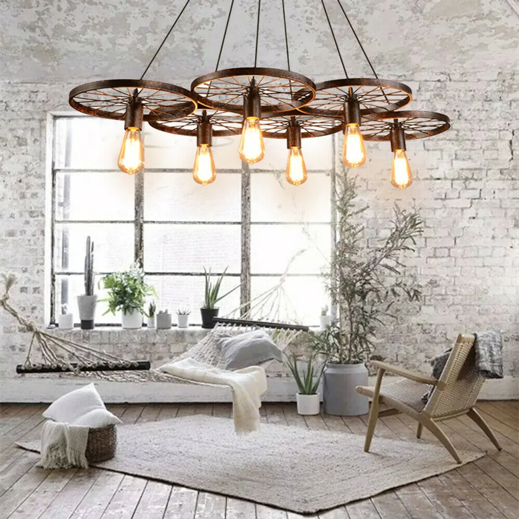 Plafonnier Retro 6 Douilles E27 Noir Métal Luminaire Suspension Loft Chic
