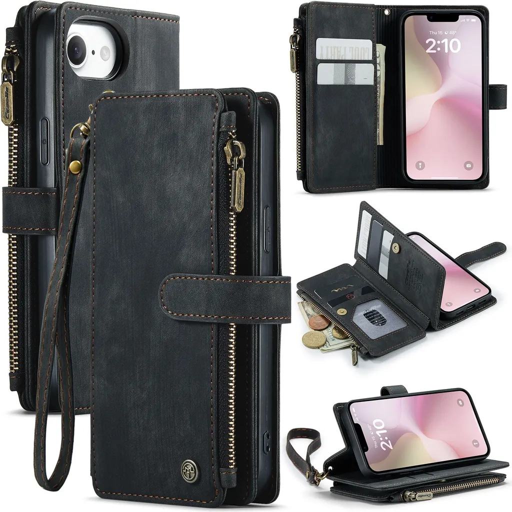Custodia iPhone 16e Portafoglio Pelle Nera: Protezione con Cerniera e Magnete