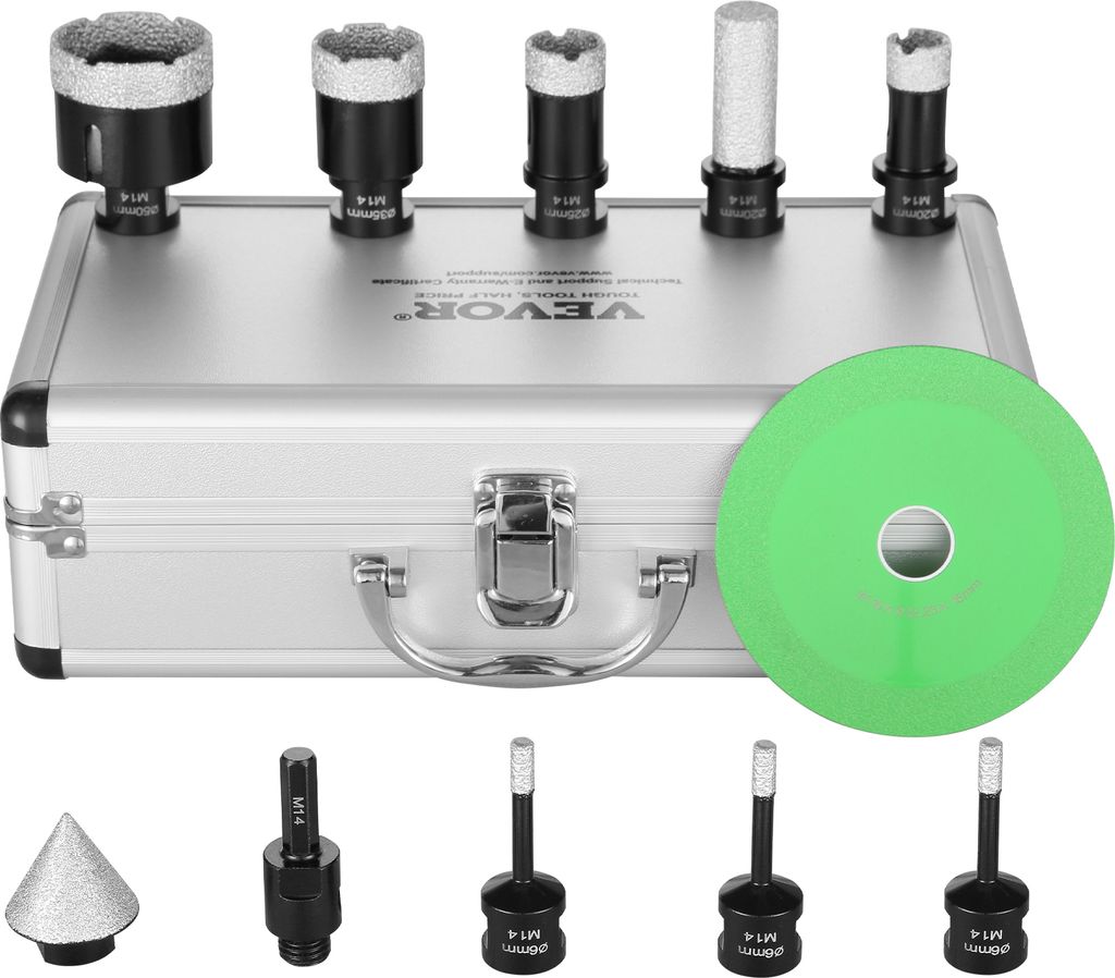 VEVOR Diamant-Kernbohrer-Set, 7-teilig, 6/6/6/20/25/35/50 mm Diamant-Lochsägen-Set, mit Fingerfräser-Kegelbohrer-Sägeblatt und Aufbewahrungskoff...