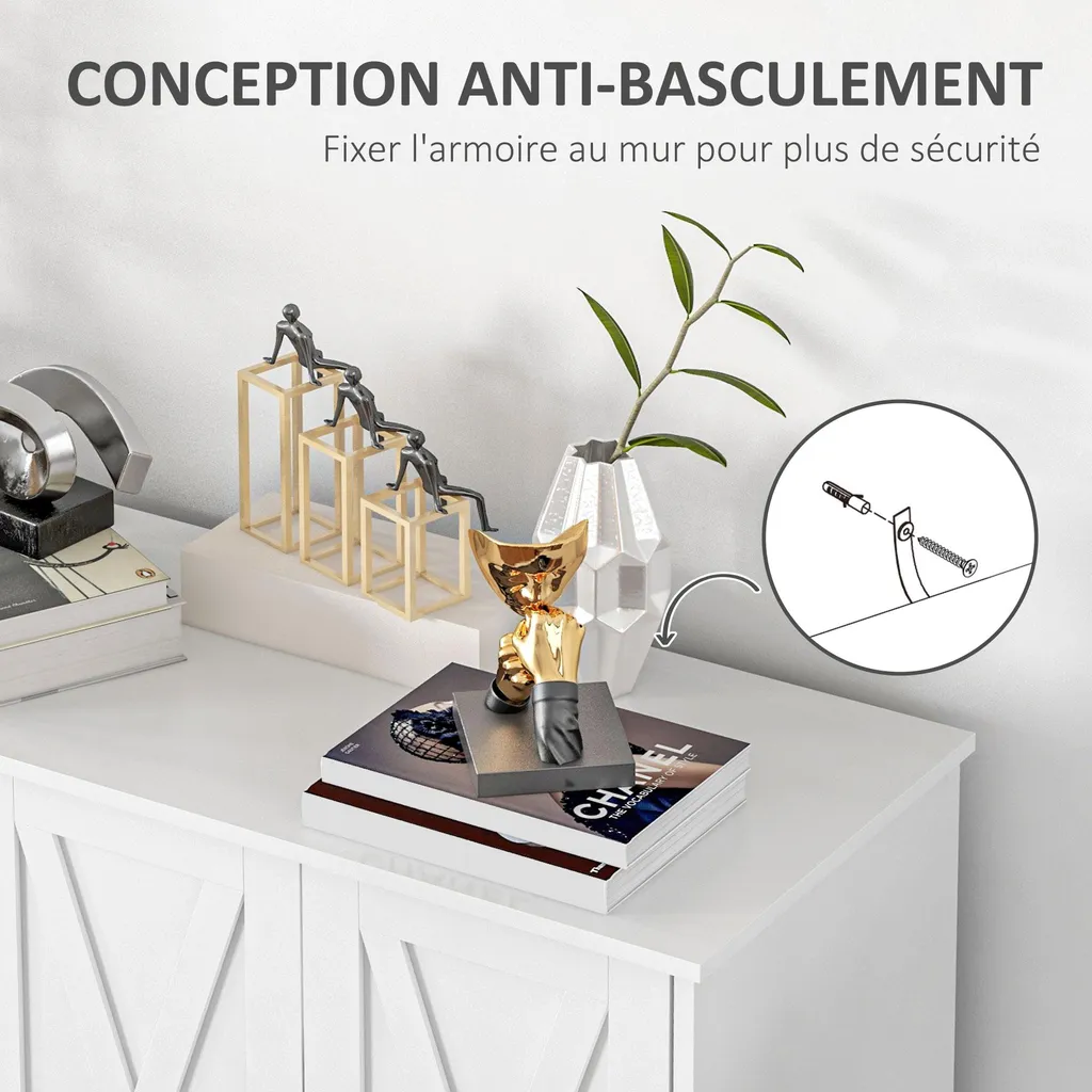Buffet 4 portes blanc style campagne - Rangement bas avec étagères modulables - 9