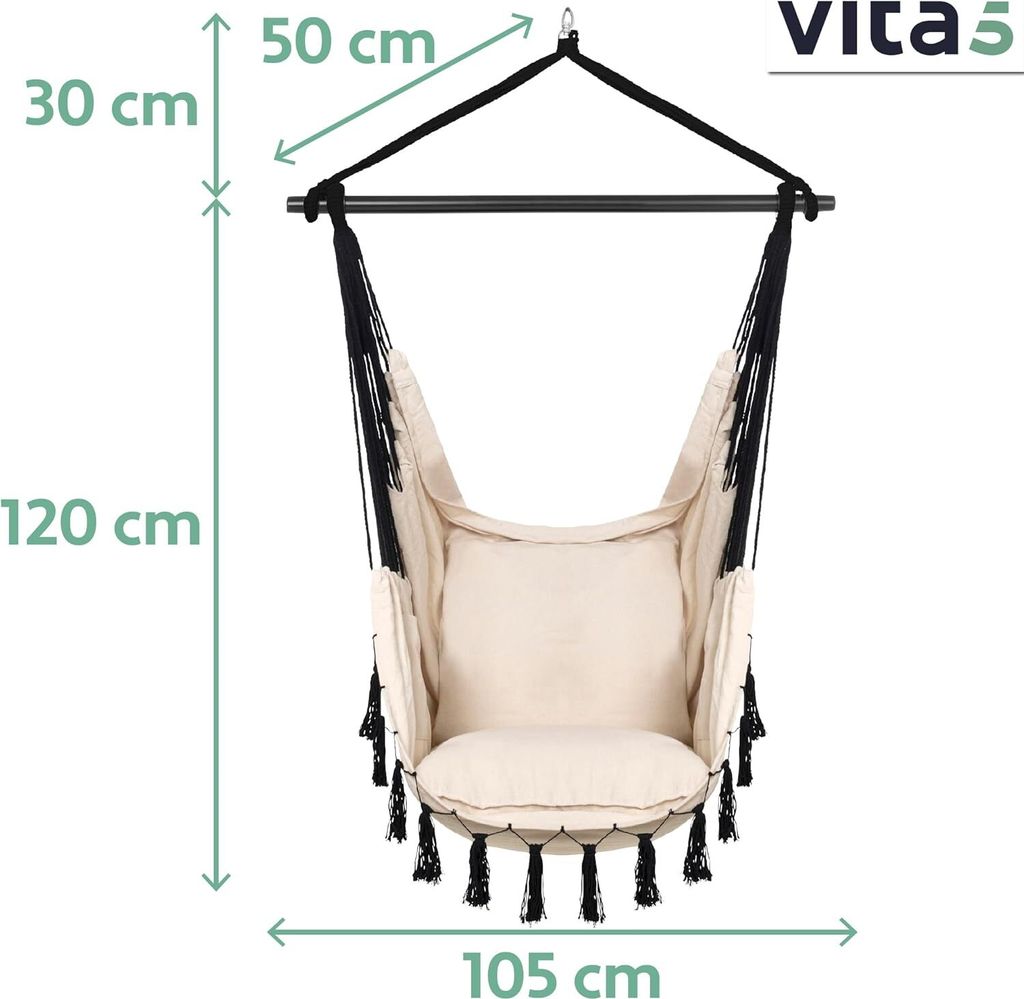 A hanging chair with dimensions indicated by measurement lines and text.