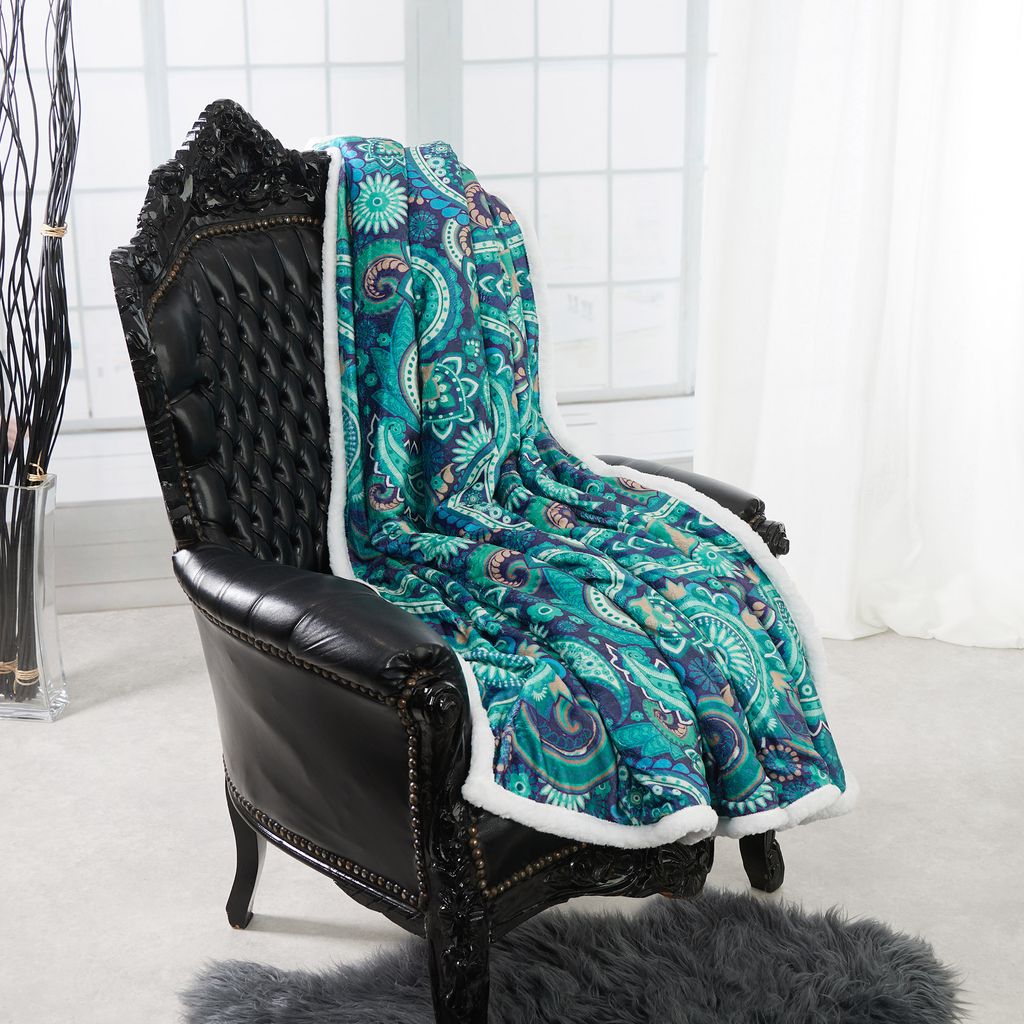 HOME DREAM farbbrillante Paisley Kuscheldecke Decke Tagesdecke Wohndecke Sofadecke Sherpadecke 150x200 cm grün