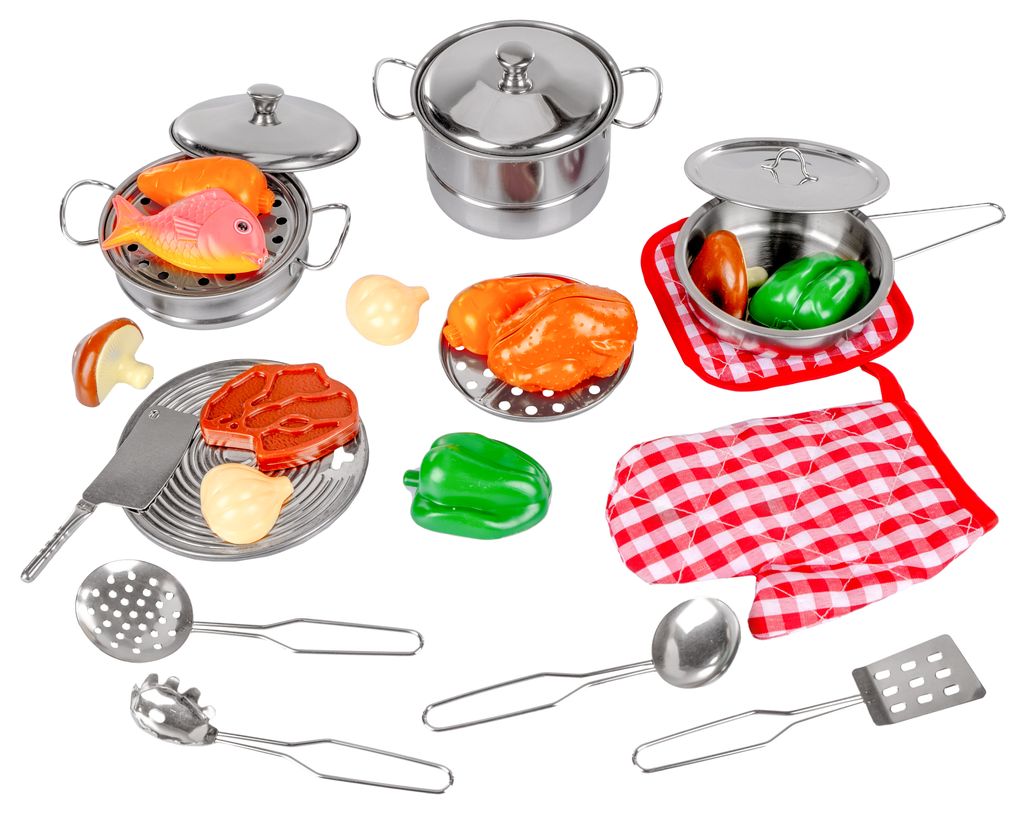 Kochgeschirr-Set mit Zubehör bunt Blech Geschirr Töpfe für Kinderküche Spielzeug 