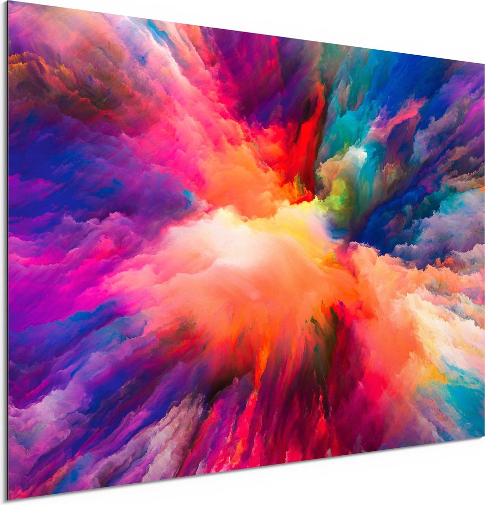 DEQORI Alu-Dibond Bild Weiß 60x40 cm 'Bunte Farbwolke' Wandbild Metall dünn Design