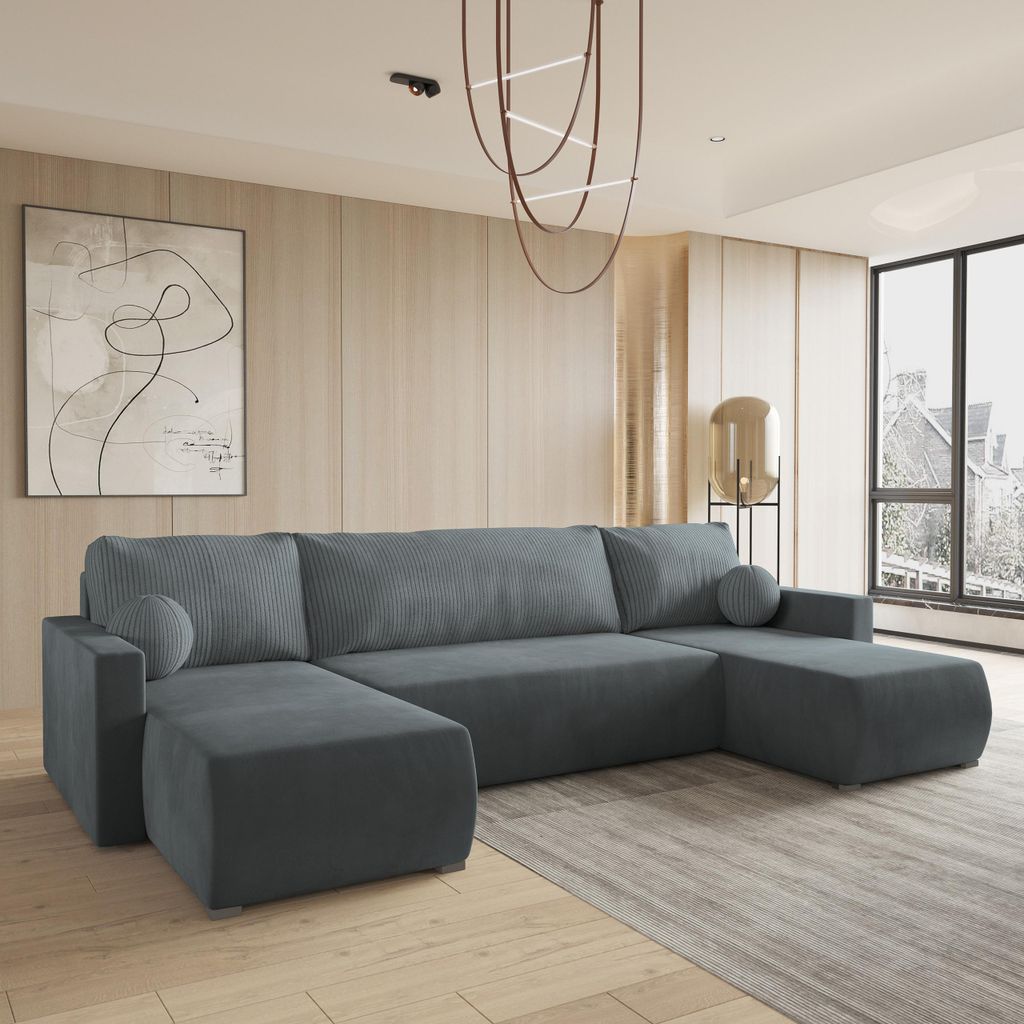 Masseno Ecksofa TESSUN mit Schlaffunktion U-Form, Sofa mit Bettkasten, Wohnzimmersofa, Couch, Soffa, Bettsofa, Couchgarnitur- Grau, POSO 60 + PAROS 06