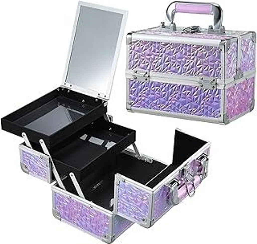 Professional Beauty Case Viola Glitter - Valigetta per Unghie e Make Up con Specchio