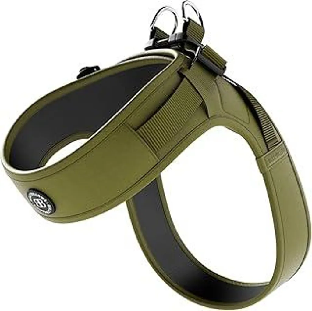 BullyBillows Boomerang Pettorina per cani leggera e non restrittiva Facile da indossare e da togliere | Pettorina per cani di alta qualità con chiusura in velcro | Verde oliva | Media