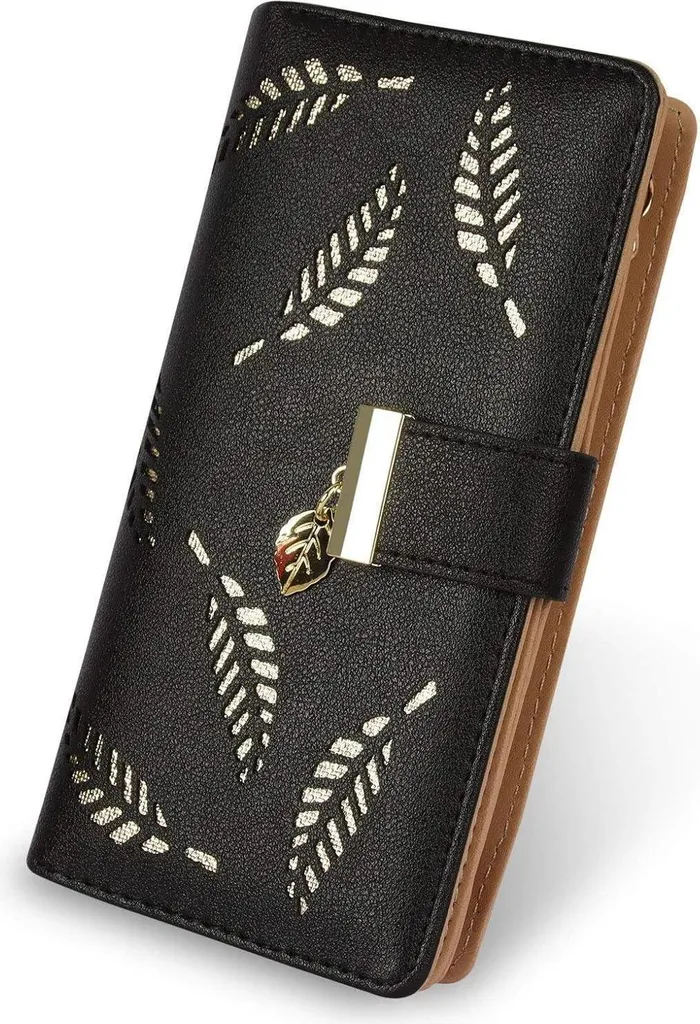 Portefeuille Femme Noir Anti-Désordre Motif Feuille Cuir Grande Capacité