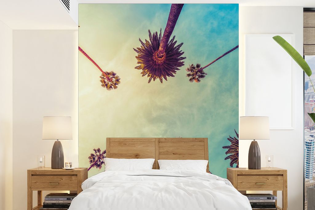 MuchoWow Fototapete für Wohnzimmer oder Schlafzimmer Wandtapete Vinyl Motivtapete Palme - Himmel - Bäume - Sommer - Tropisch - 165x220 cm - Wan...