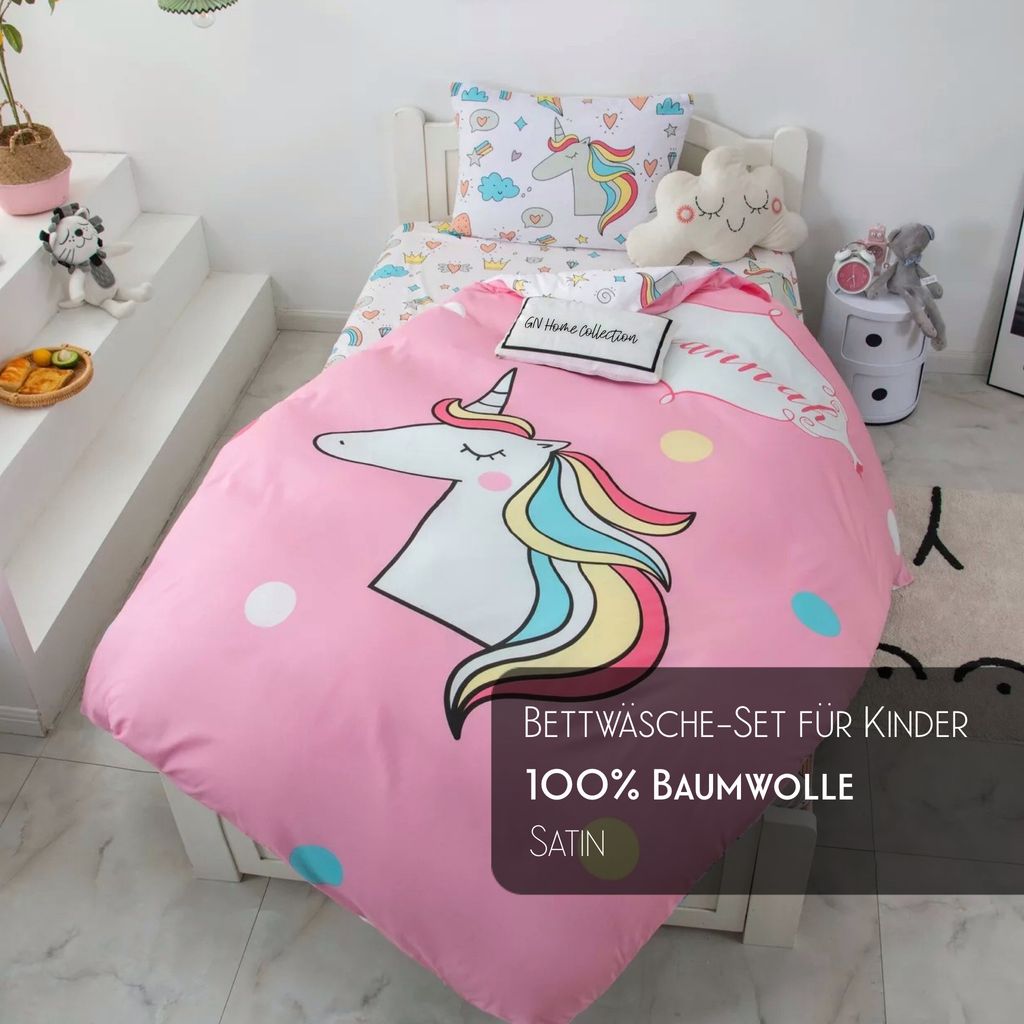 Baby Bettwäsche Set, 100% Baumwolle - Satin, Bettbezug mit Bettlaken und Kissenbezug, 150x210 cm, Einhorn