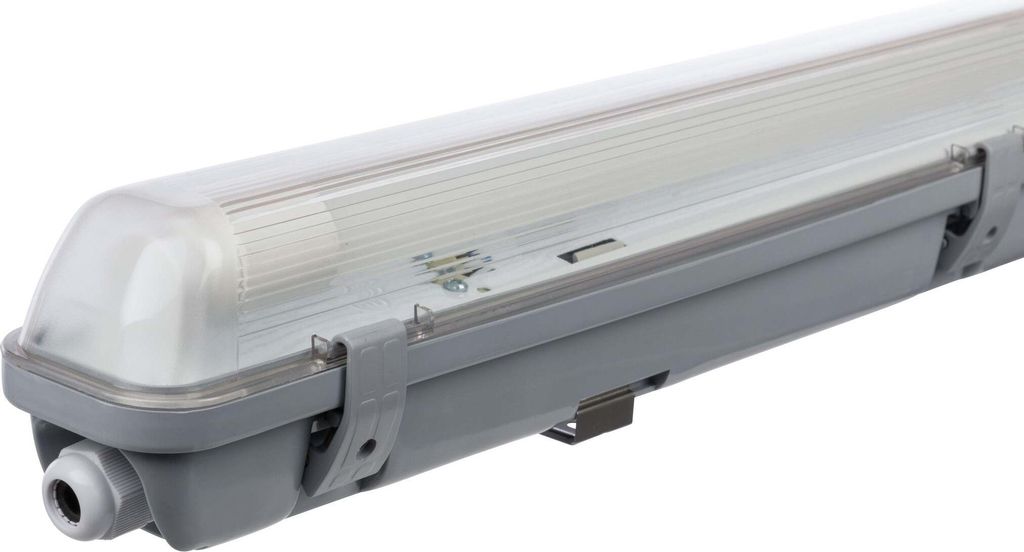 A close-up, angled view of a gray LED moisture-proof light fixture against a white background.