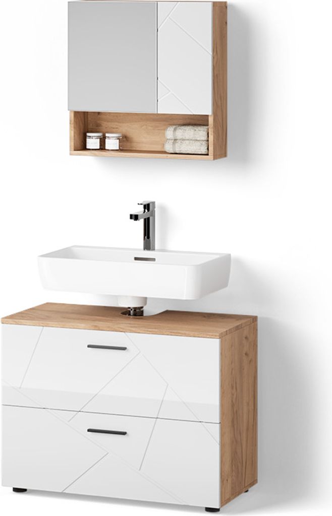 Badmöbel-Set Livinity Ronco Weiß Hochglanz/Goldkraft Eiche 2 Teile, Model 52834