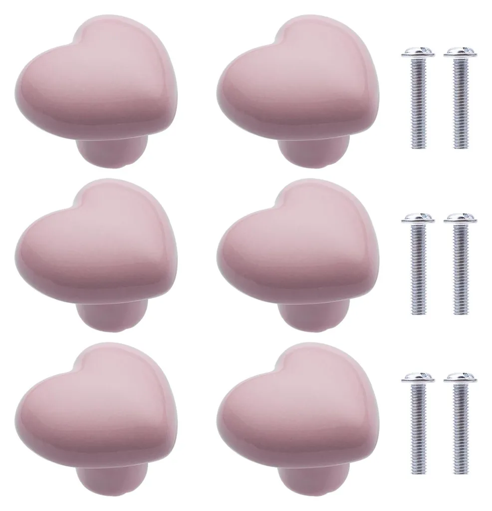 Décoration Meuble Enfant : 6 Boutons de Placard Céramique Rose en Cœur