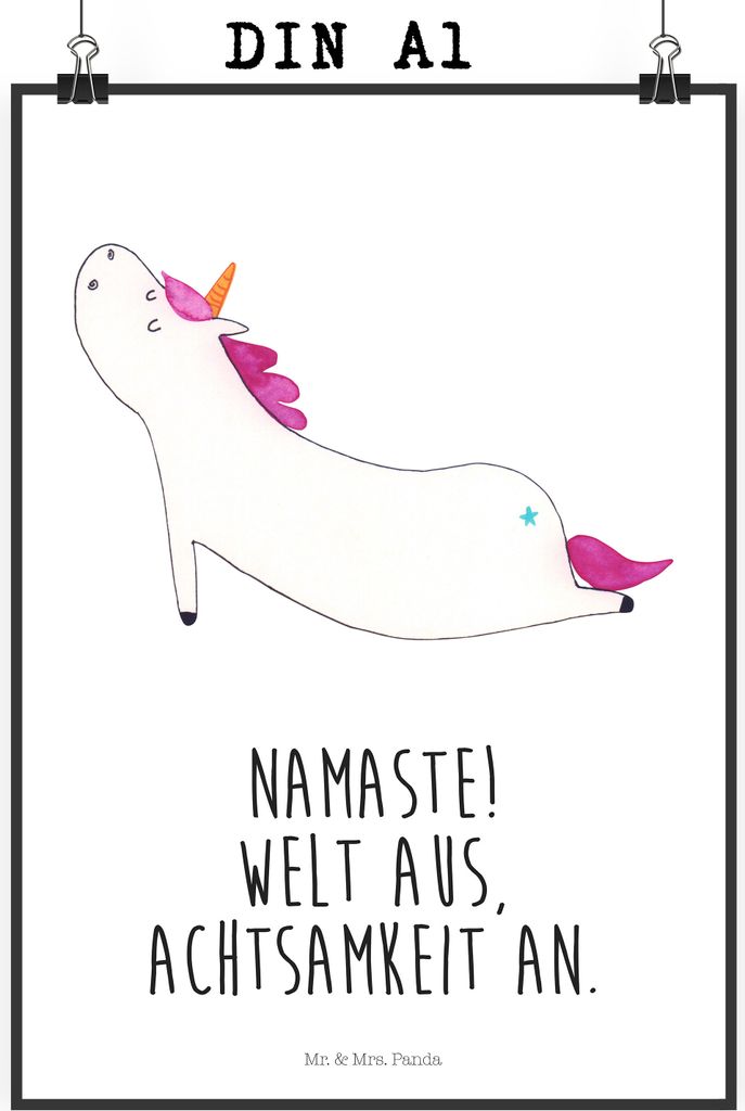 Mr. & Mrs. Panda Bild Einhorn Yoga DIN A1 - Weiß - Geschenk, wanddeko, Posterdruck, Wandbild, Plakat, Einhörner, Lustig, Süß, Unicorn, Sport, d...