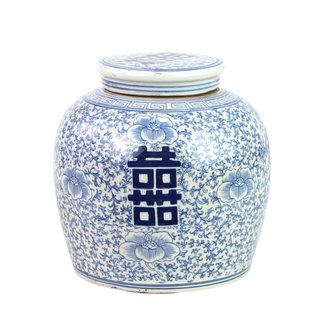 Fine Asianliving Chinesische Vase mit Deckel Blau Weiß Porzellan Handbemalt Doppeltes Glück D22xH22cm Dekorative Vase Blumenvase Orientalische Ke...