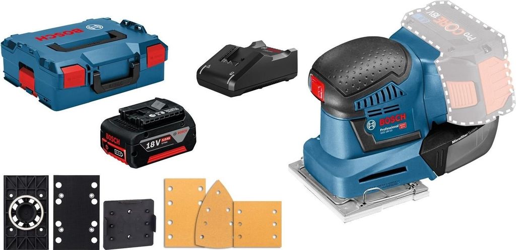 Bosch Akku-Schwingschleifer GSS 18V-10 / 1x 5,0 Ah Akku + Ladegerät inkl. Zubehör-Set in L-Boxx