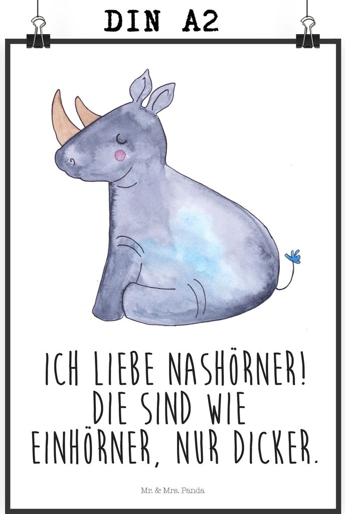 Mr. & Mrs. Panda Bild Einhorn Nashorn DIN A2 - Weiß - Geschenk, Kunstdruck, Plakat, Wandbild, Nashörner, Unicorn, Zoo, Lustig, wanddeko, drucke, ...
