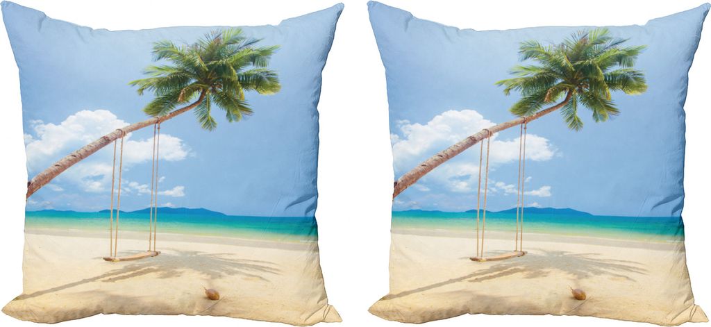 ABAKUHAUS Ozean Kissenbezug Set (2Stück), Kokosnuss-Palmen-Insel, doppelseitiges Digitaldruckdekor mit Reißverschluss, 50 cm, Creme, Blau, Grün