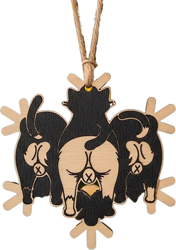 Weihnachtsschmuck mit Katzenhintern, Schneeflocke, lustiger Weihnachtsbaumschmuck aus Holz in Schneeflockenform, hängender Anhänger für Baum und...