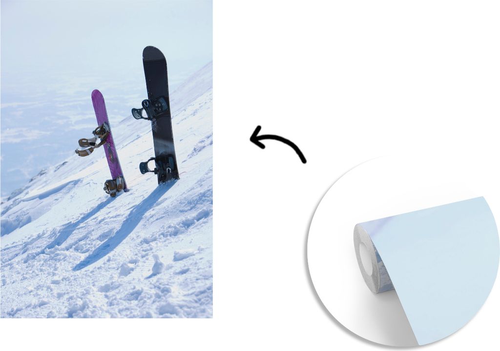 MuchoWow Fototapete für Wohnzimmer oder Schlafzimmer Wandtapete Vinyl Motivtapete Zwei Snowboards stehen aufrecht in einer dicken Schneedecke - ...