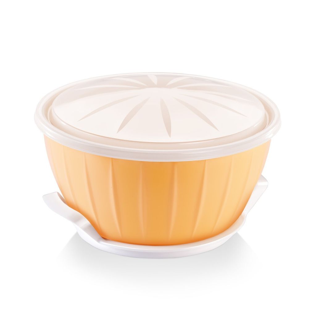 A yellow bowl with a white lid is shown on a white background.