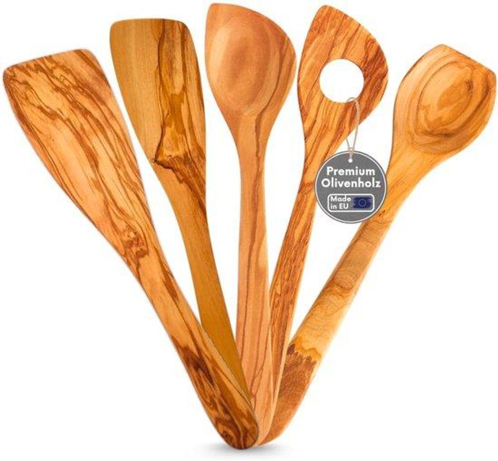 Edelstahl 5-teilige Küchenlöffelset H 30/32 cm Olivholz Produktbild 