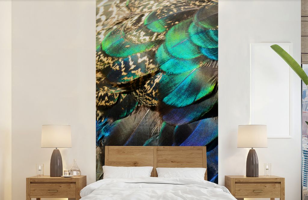MuchoWow Fototapete für Wohnzimmer oder Schlafzimmer Wandtapete Vinyl Motivtapete Federn - Pfauenfedern - Pfau - Blau - Kunst - 120x240 cm - Hin...