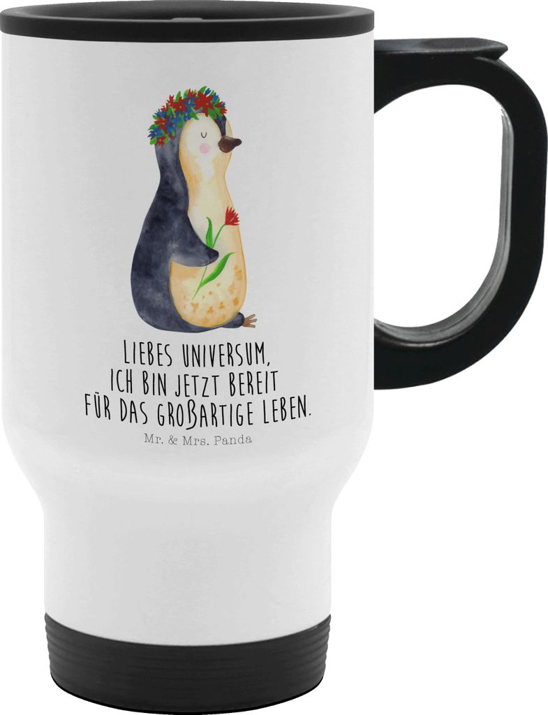 Mr. & Mrs. Panda Kaffeebecher To Go Pinguin Blumen - Weiß - Geschenk, Geschenkidee, Universum, To-Go-Becher, Pinguine, isolier, Thermobecher, Kaff...
