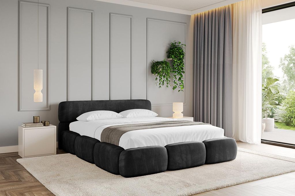 ALTDECOR Polsterbett mit Matratze H3/H4 und Bettkasten ELVA v1 - 200x200 Schwarz - Bett mit Lattenrost, Kopfteil, Boxbett, Doppelbett mit Stauraum