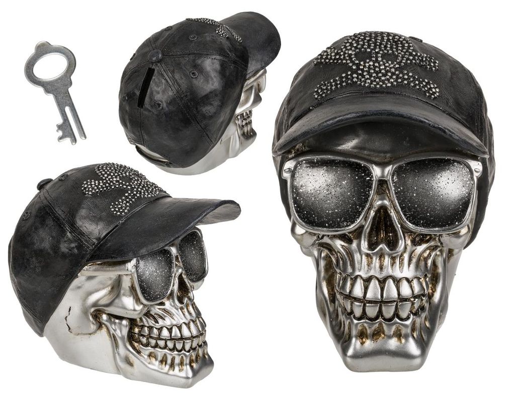 Spardose Totenkopf mit Basecap 16x13cm Produktbild 