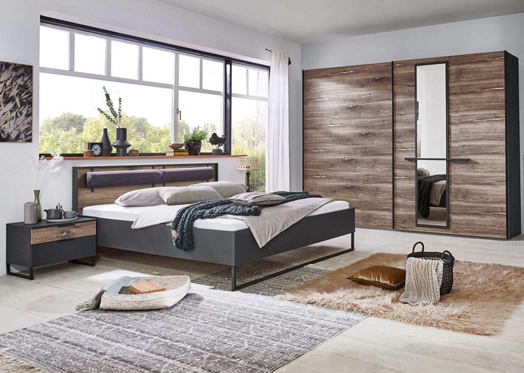 Schlafzimmerset Industrial Design mit Schwebetürenschrank Produktbild 