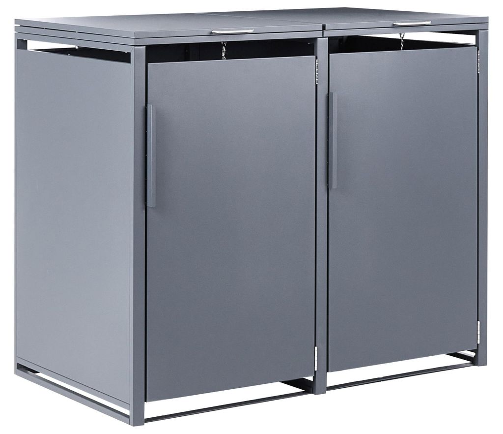 BELIANI Mülltonnenbox Dunkelgrau Stahl für 2 Tonnen 240 Liter mit Tür Deckelhalter Kette Gasdruckfeder Magnetverschluss Outdoor Mülltonnenabdec...