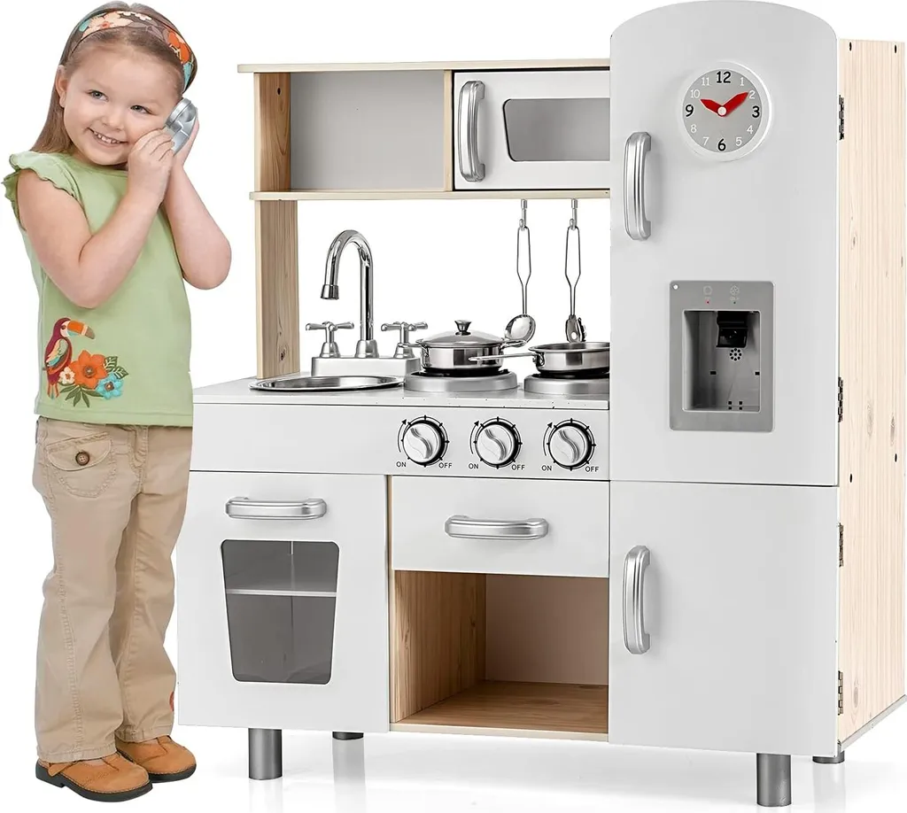 Cuisine Enfant Costway avec Lumières Sons et Réfrigérateur Blanc 81cm